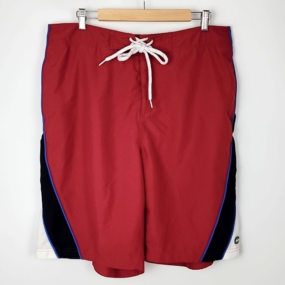 Chaps Men's Board Red Black White  Stripes Shorts Swim Trunks Key Pocket Size 36 - Picture 1 of 14